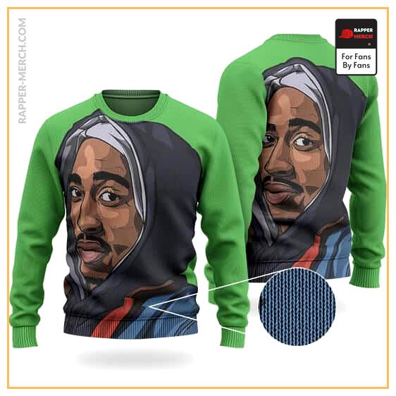 2Pac Shakur Face Portrait Artwork Green Wool Sweatshirt RM0310