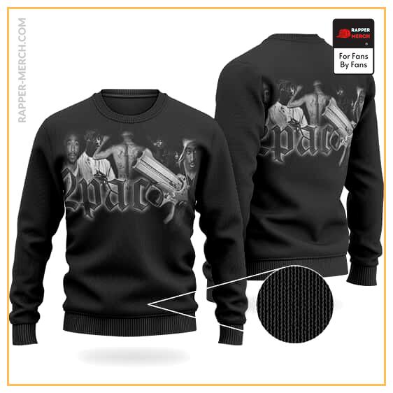 Monochrome Tupac Images And Gun Black Wool Sweatshirt RM0310