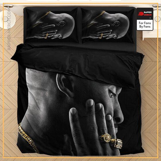 Tupac Shakur Side View Wearing Gold Bling Black Bedding Set RM0310