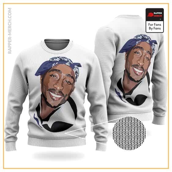 West Side Tupac Head Bandana Art White Wool Sweater RM0310